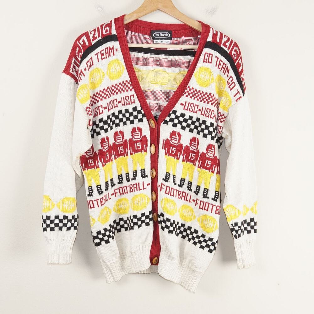 VTG Ani Barrie Knit Novelty Football Red Yellow Cardigan Sz M
